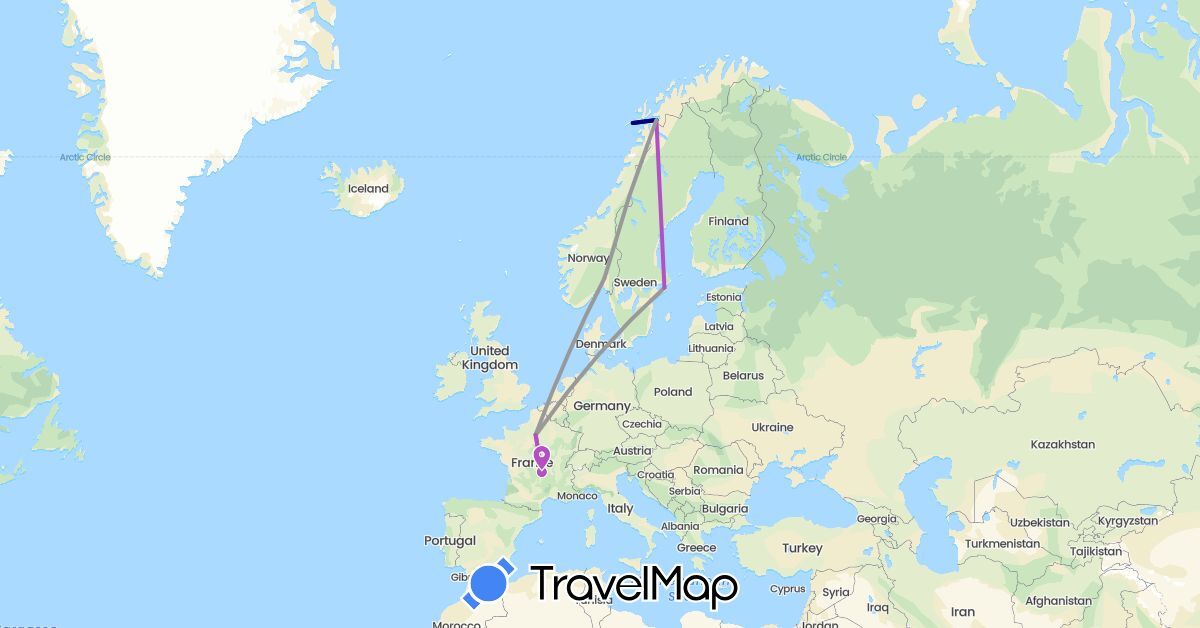 TravelMap itinerary: driving, plane, train in France, Norway, Sweden (Europe)